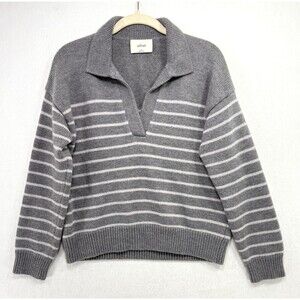 Aritzia Wilfred Sweater Women M Gray Cypriot Striped Wool Polo V-Neck Pullover